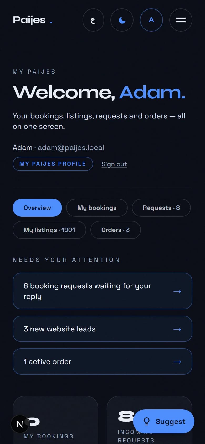 Your hub, both sides at once — the Paijes day to day screen on a phone